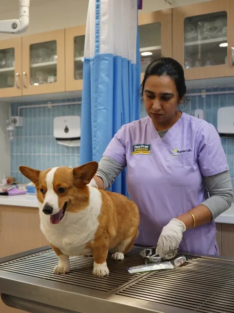 Supertails+ vet examining a corgi in the consult room